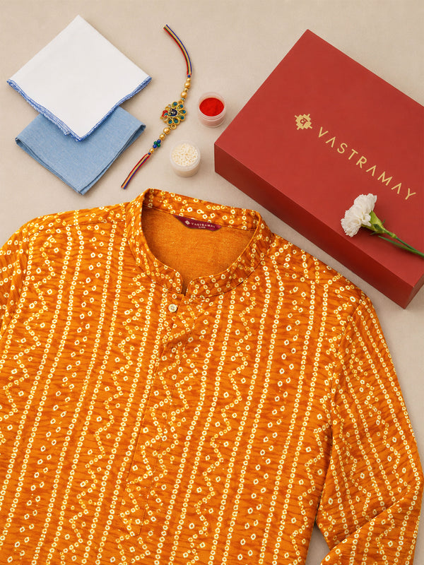 Men's Mustard Bandhni Rayon Kurta Rakhi Gift Box for Brother | Includes Rakhi