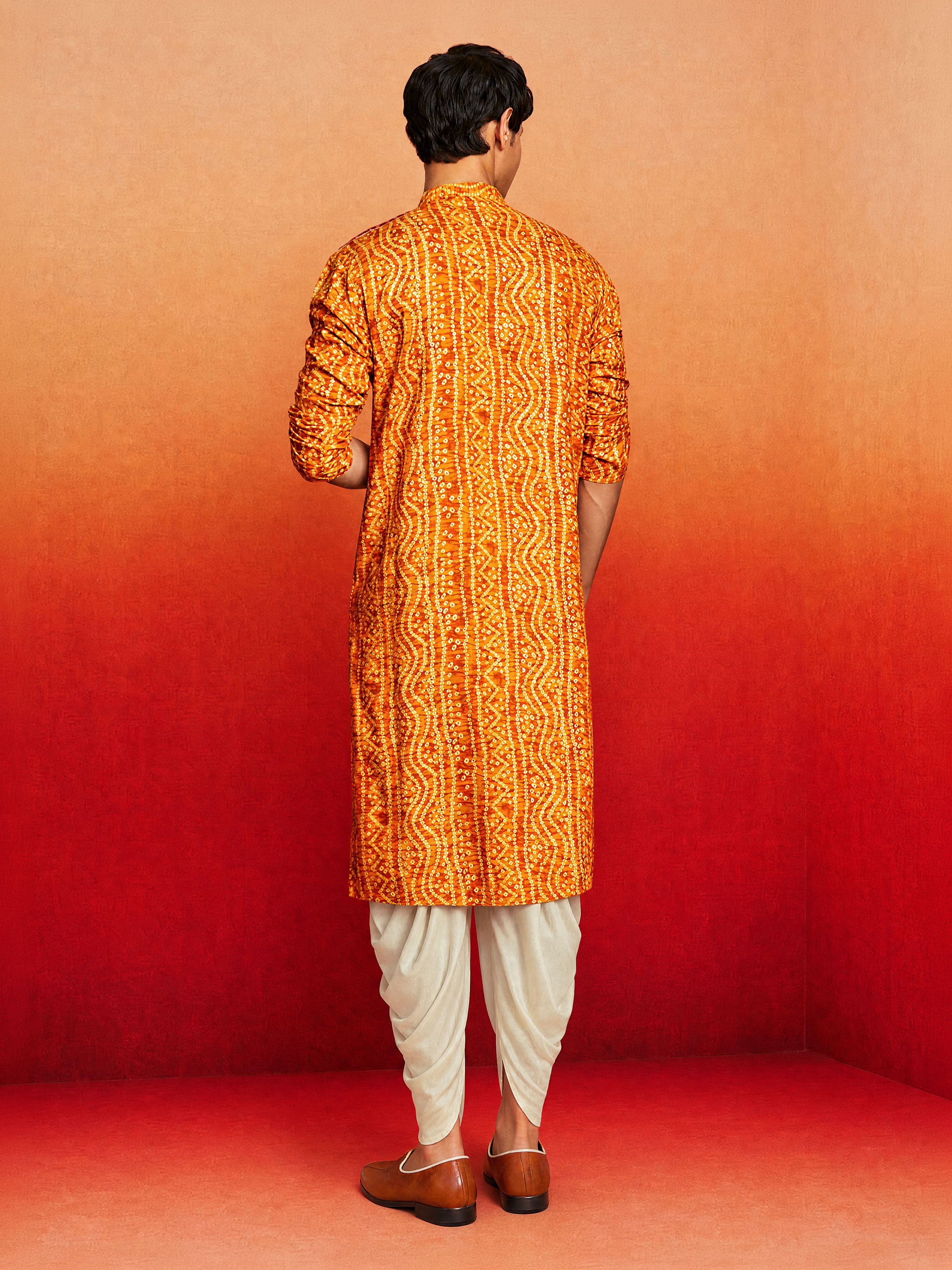 Men's Mustard Rayon Digital Print Knee Length Kurta with Dhoti