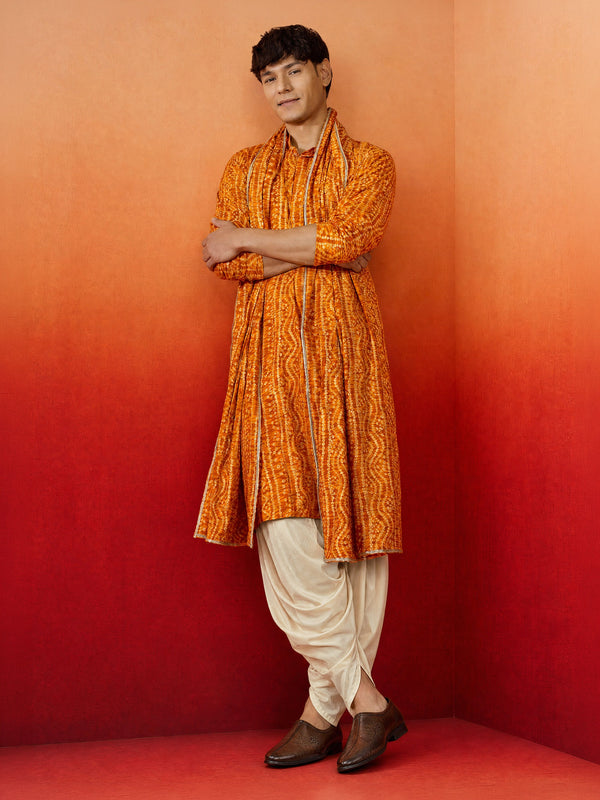 Men Mustard Rayon Kurta & Dhoti with Dupatta Festive Ethnic Wear