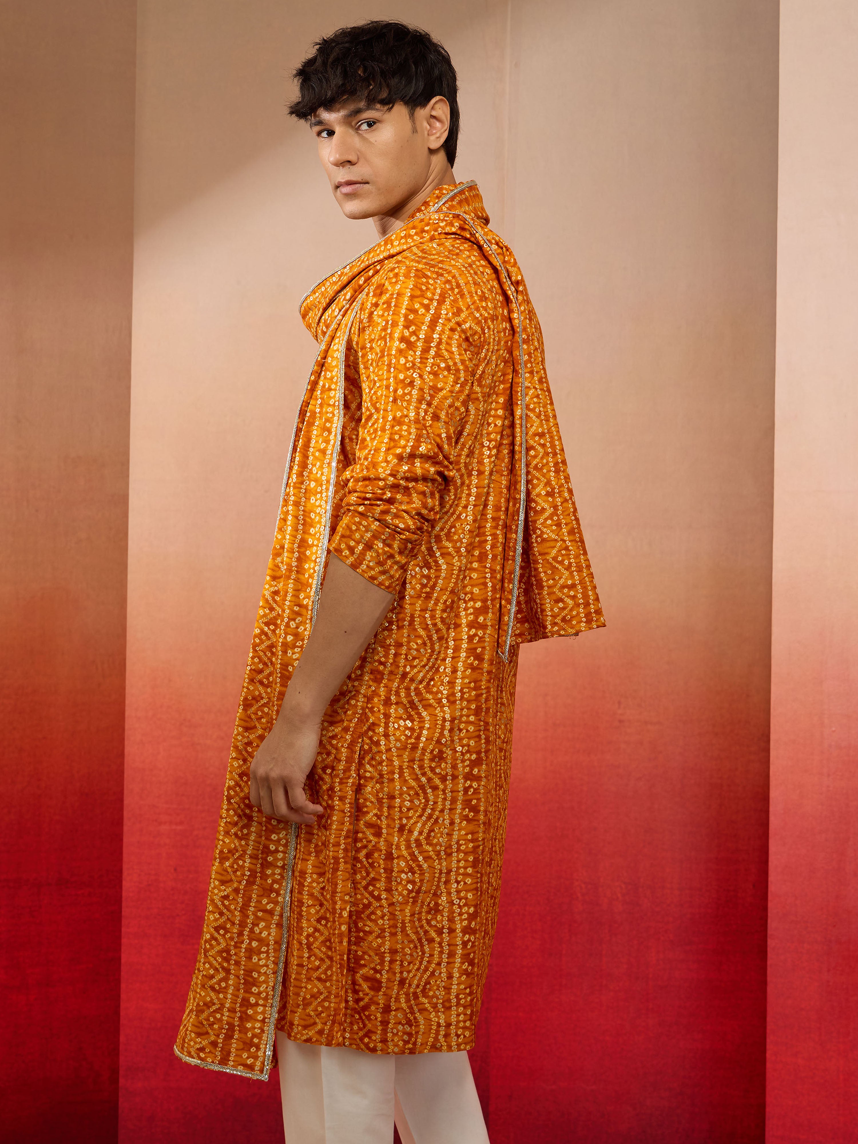 Men's Mustard Bandhani Print Kurta with Matching Mustard Rayon Dupatta Set