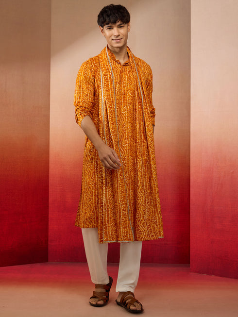 Mens Mustard Bandhani Kurta Set with Cream Pant and Dupatta