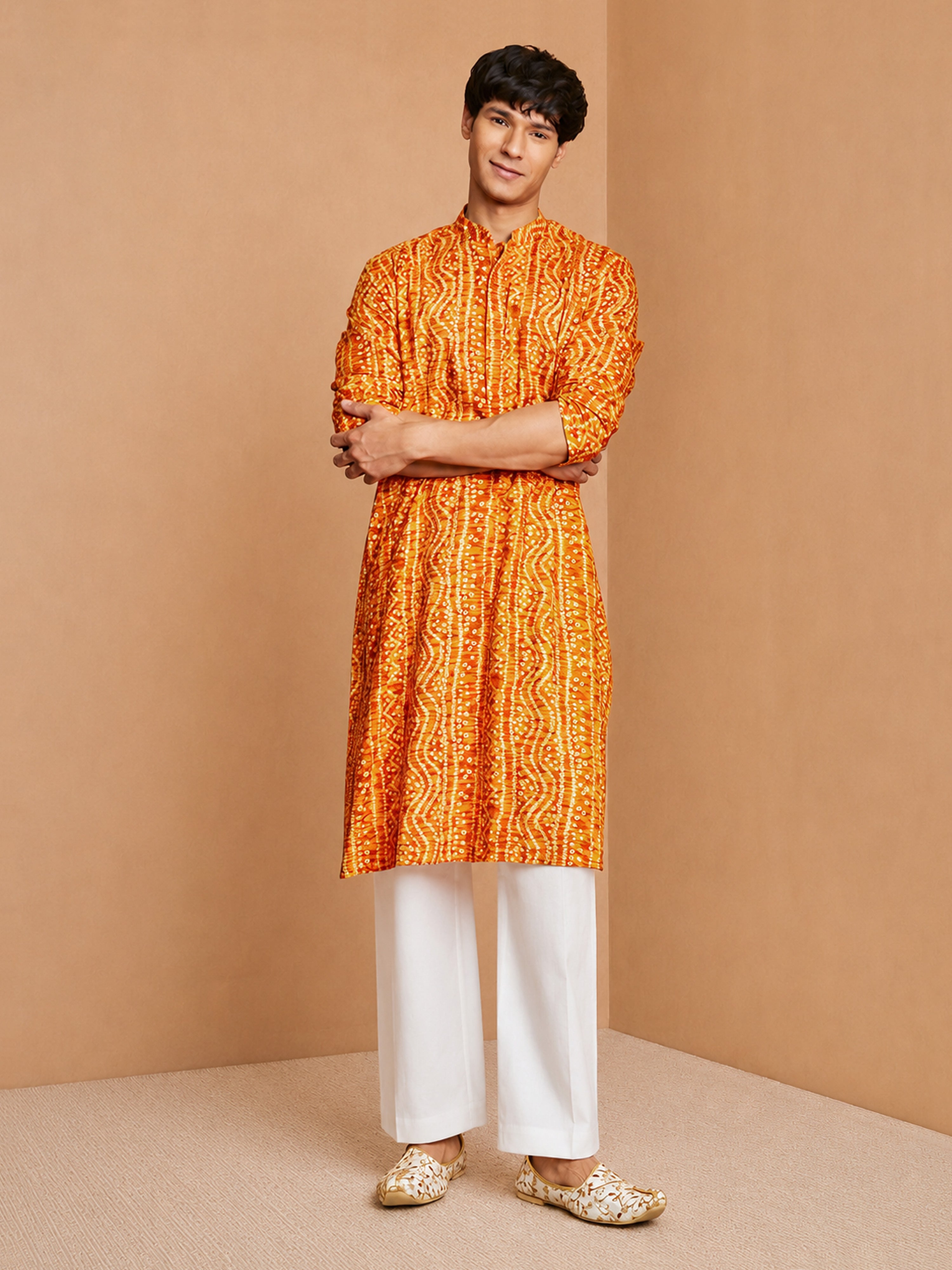 Men's Mustard Bandhani, Printed Knee Length Kurta Pant Set with Wide Leg Pant