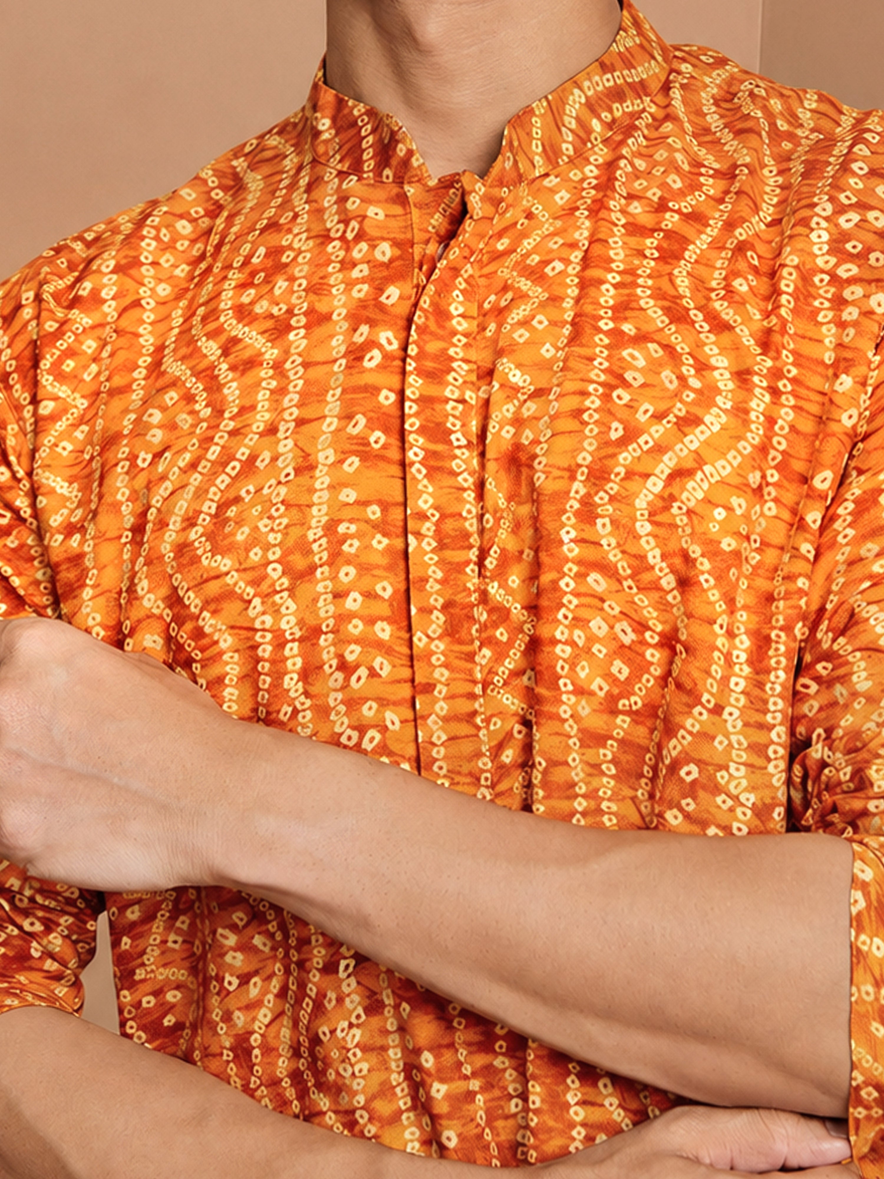 Men's Mustard Cotton Bandhani Printed Kurta Pant Set