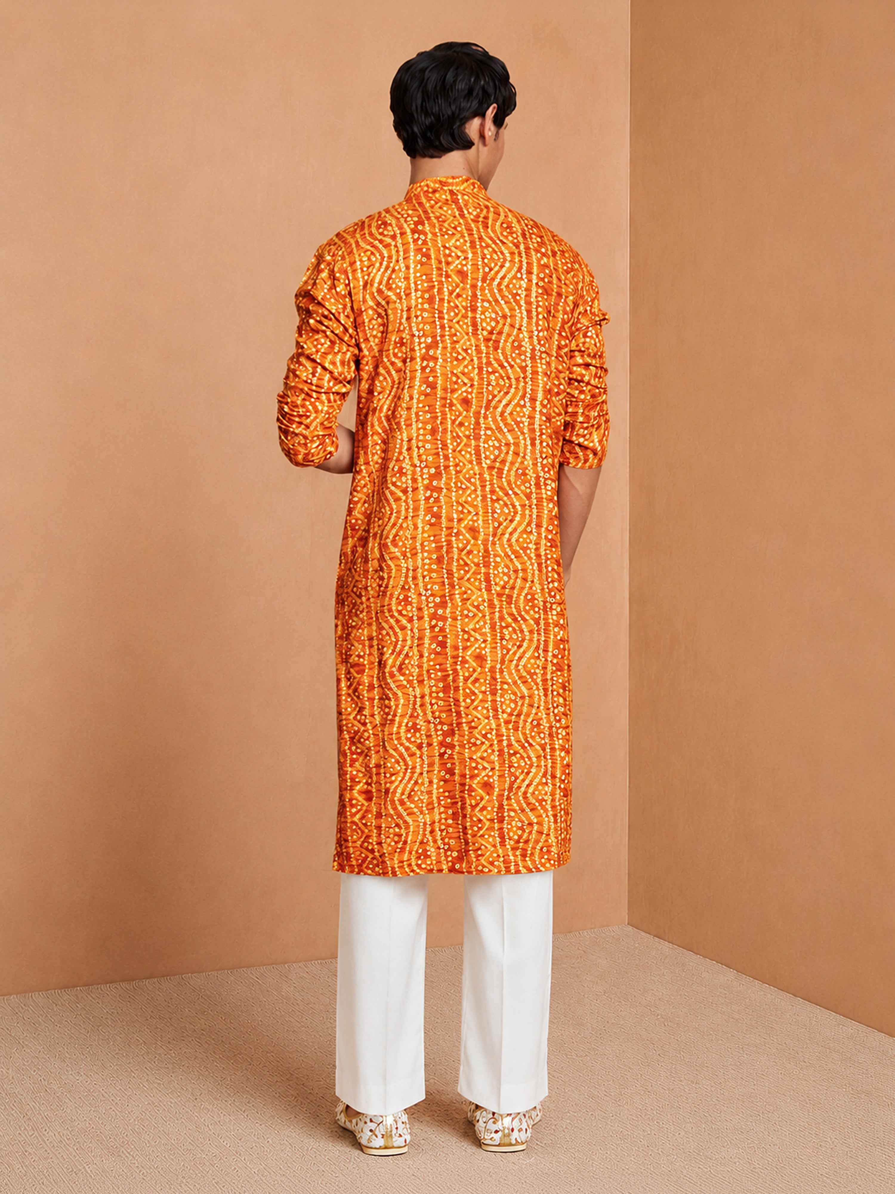 Men's Mustard Bandhani, Printed Knee Length Kurta Pant Set with Wide Leg Pant