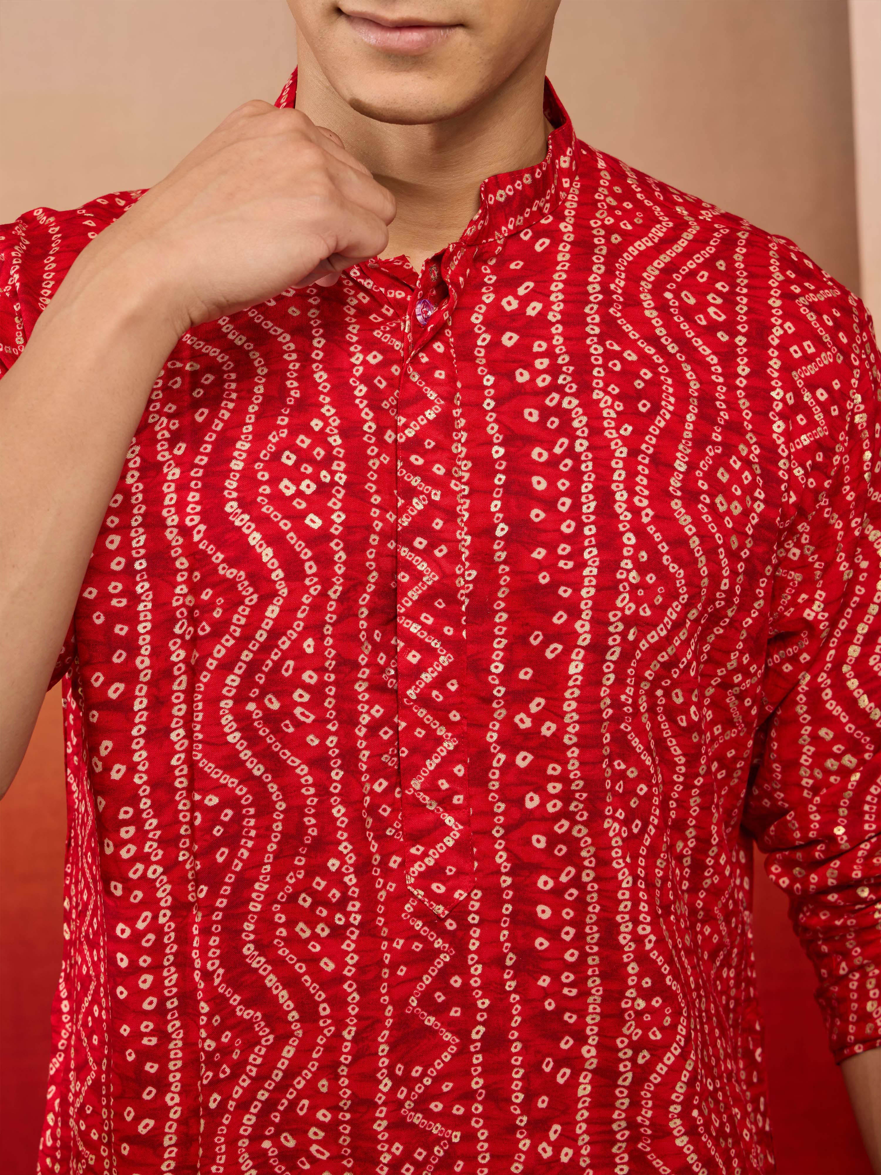 Men's Red Bandhni Rayon Kurta & Pyjama Rakhi Gift Box for Brother | Premium Gift Box