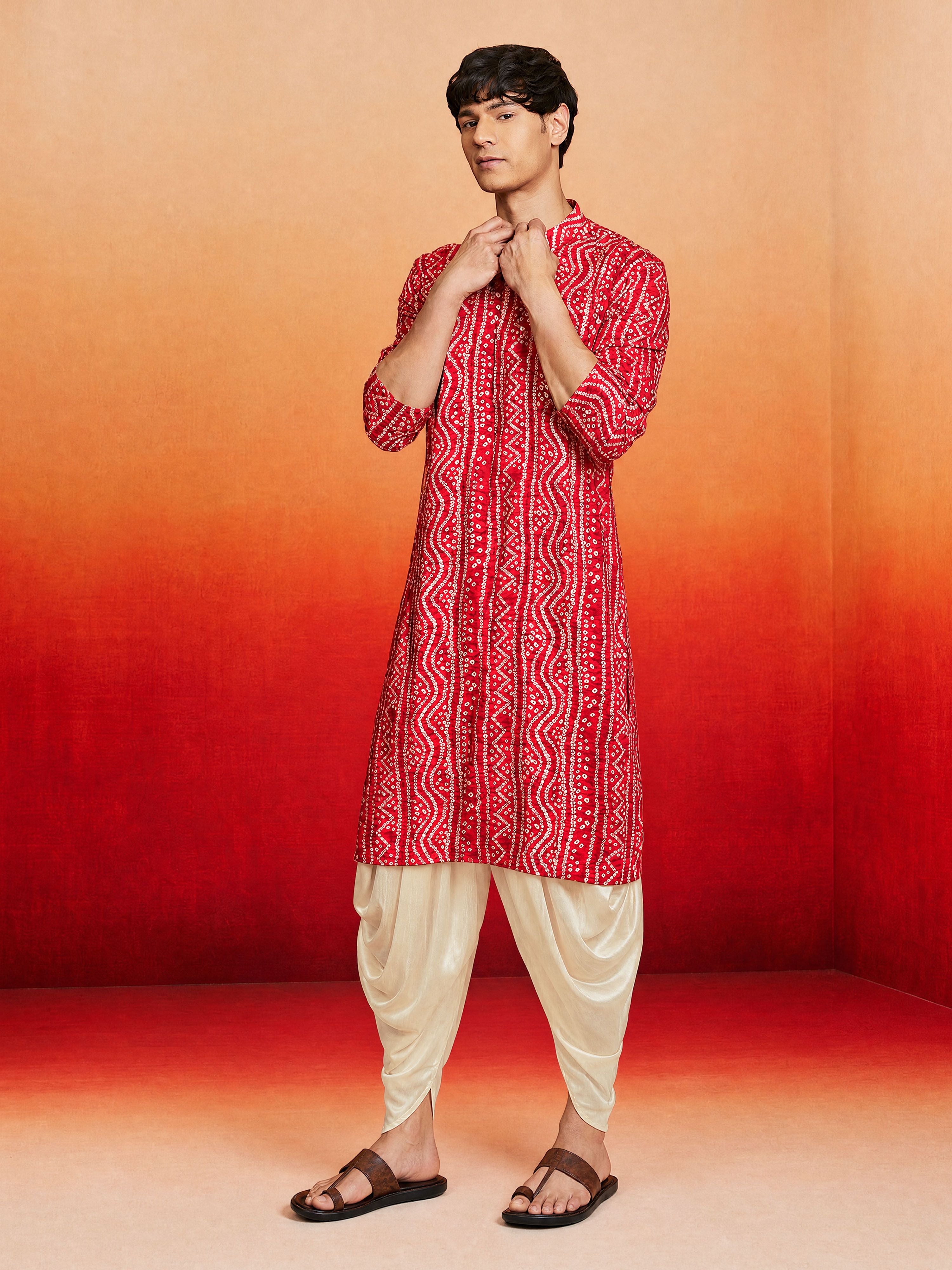 Men Red Rayon Kurta with Dhoti Casual, Summer / Casual, Wedding, Diwali, Holi collection, Festive, Festive Glitz, Navratri, Janmastami, Raksha Bandhan Ethnic Wear