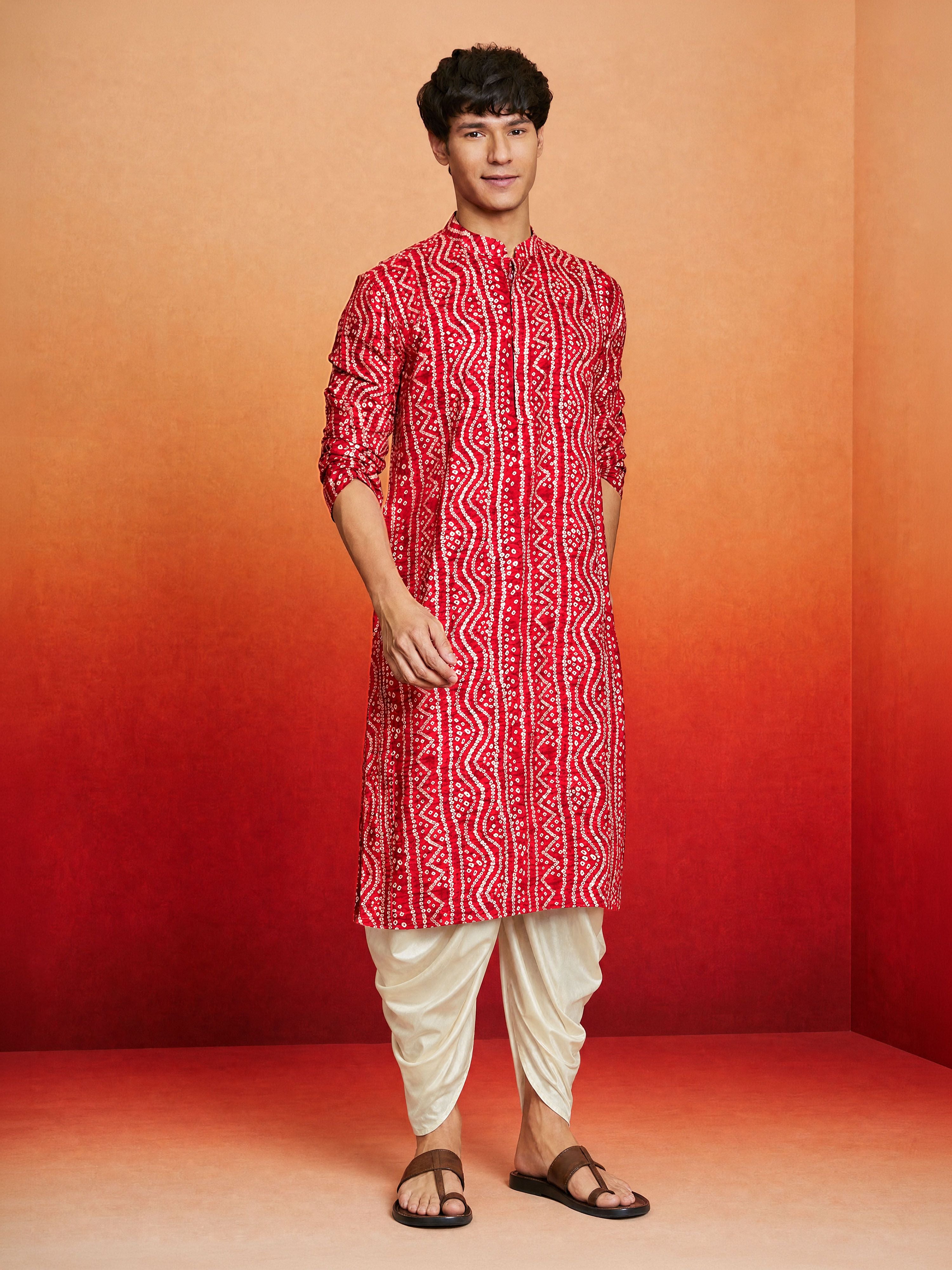 Men's Red Rayon Digital Print Knee Length Kurta with Dhoti