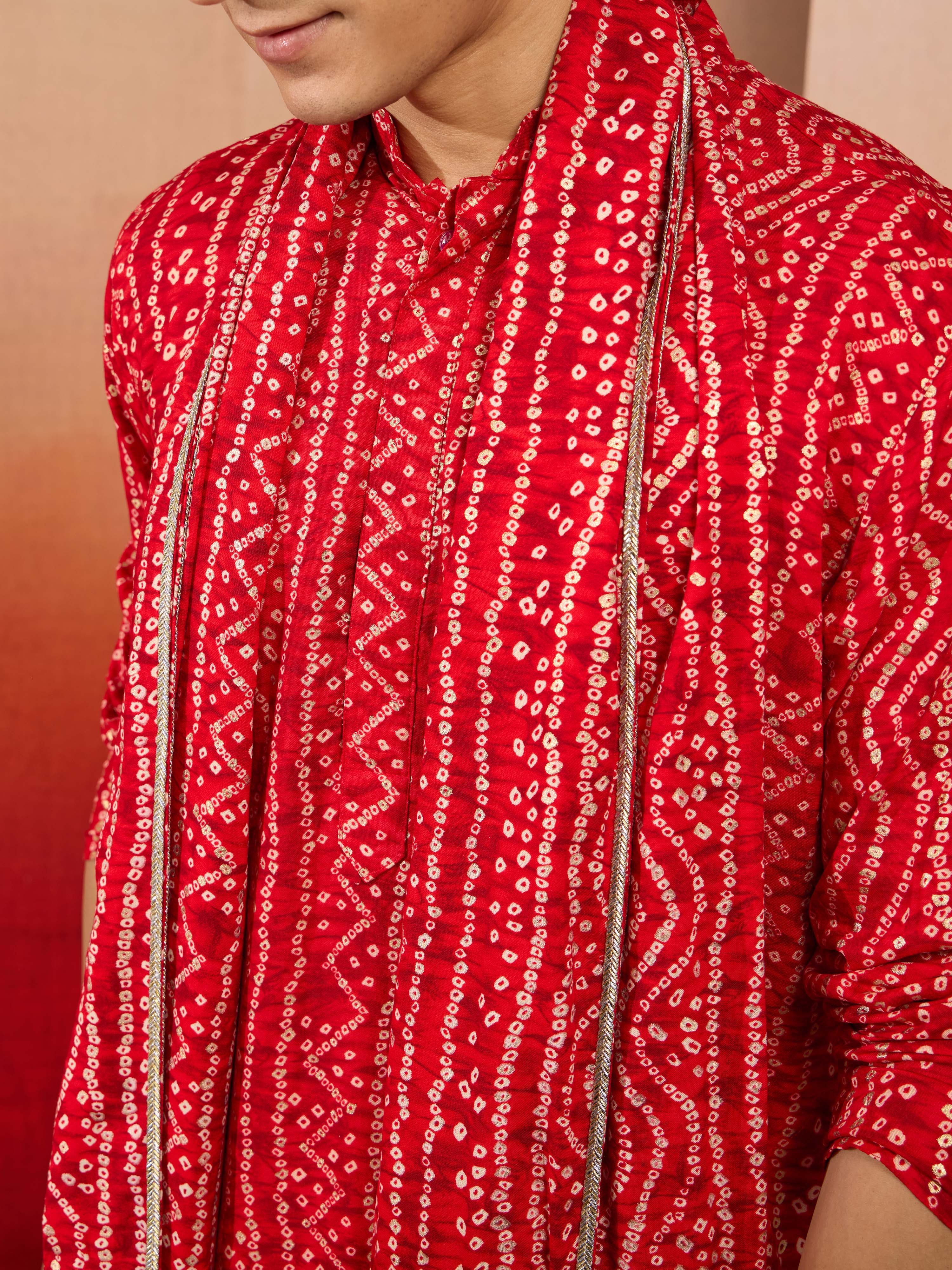 Men's Red Bandhani Print Kurta with Matching Red Rayon Dupatta Set