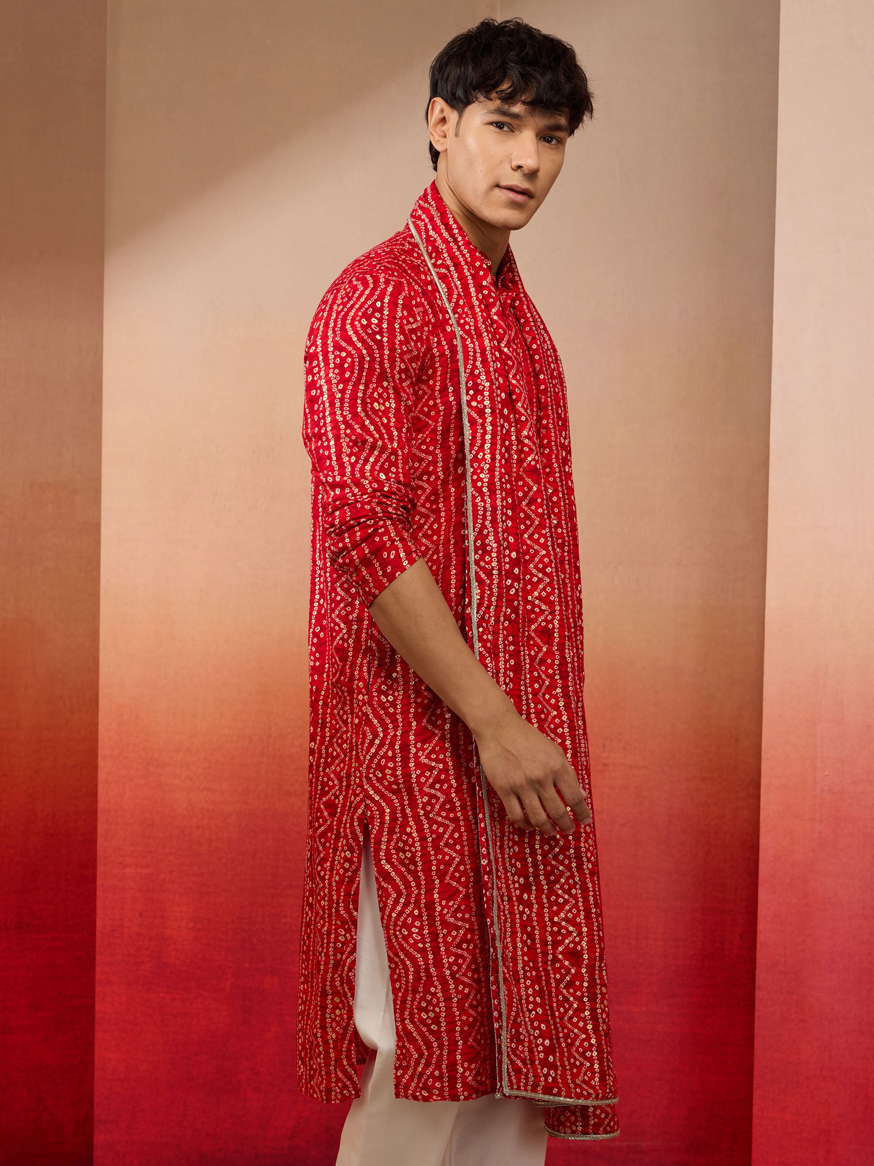 Men's Red Bandhani Print Kurta with Matching Red Rayon Dupatta Set