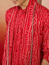Mens Red Bandhani Kurta Set with Cream Pant and Dupatta