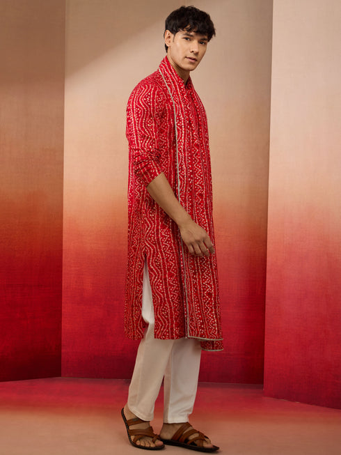 Mens Red Bandhani Kurta Set with Cream Pant and Dupatta