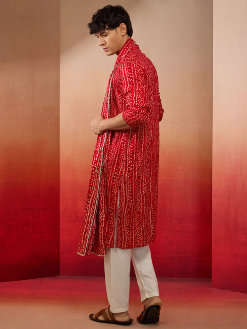 Mens Red Bandhani Kurta Set with Cream Pant and Dupatta