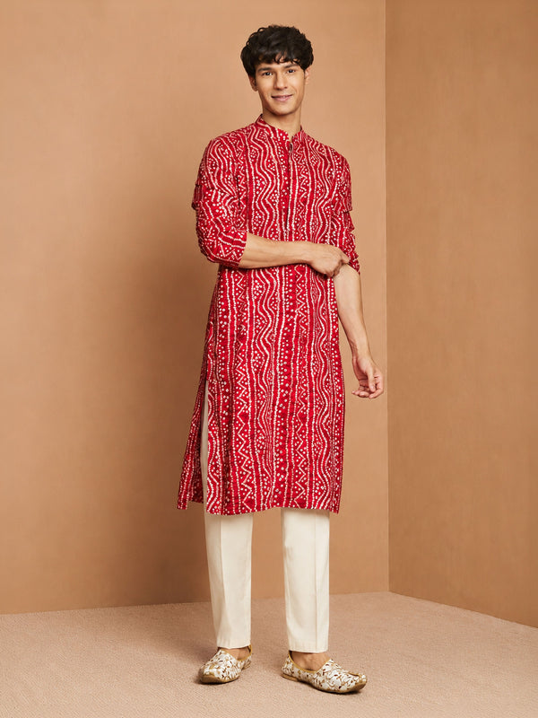 Men Red Rayon Kurta with Wide Leg Pant Festive Ethnic Wear