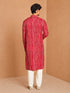 Men's Red Rayon Bandhni Knee Length Kurta with Wide Leg Pant