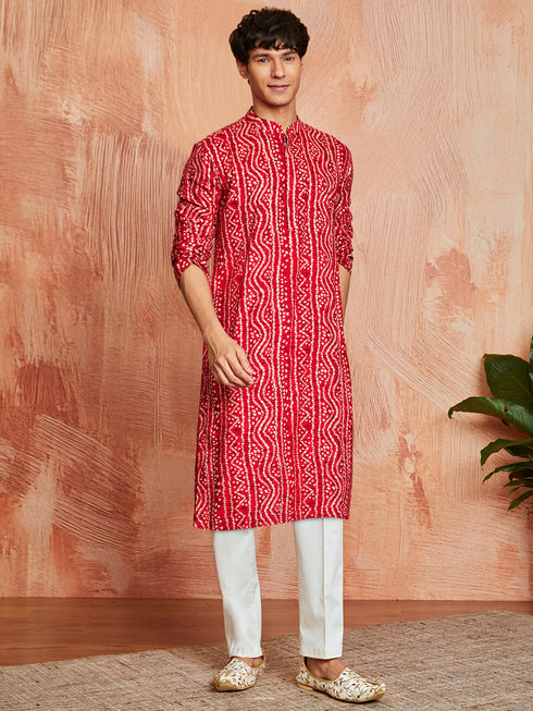 Men's Red Rayon Kurta And Pyjama Set