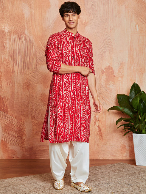 Men's Red Rayon Kurta And Patyala Set