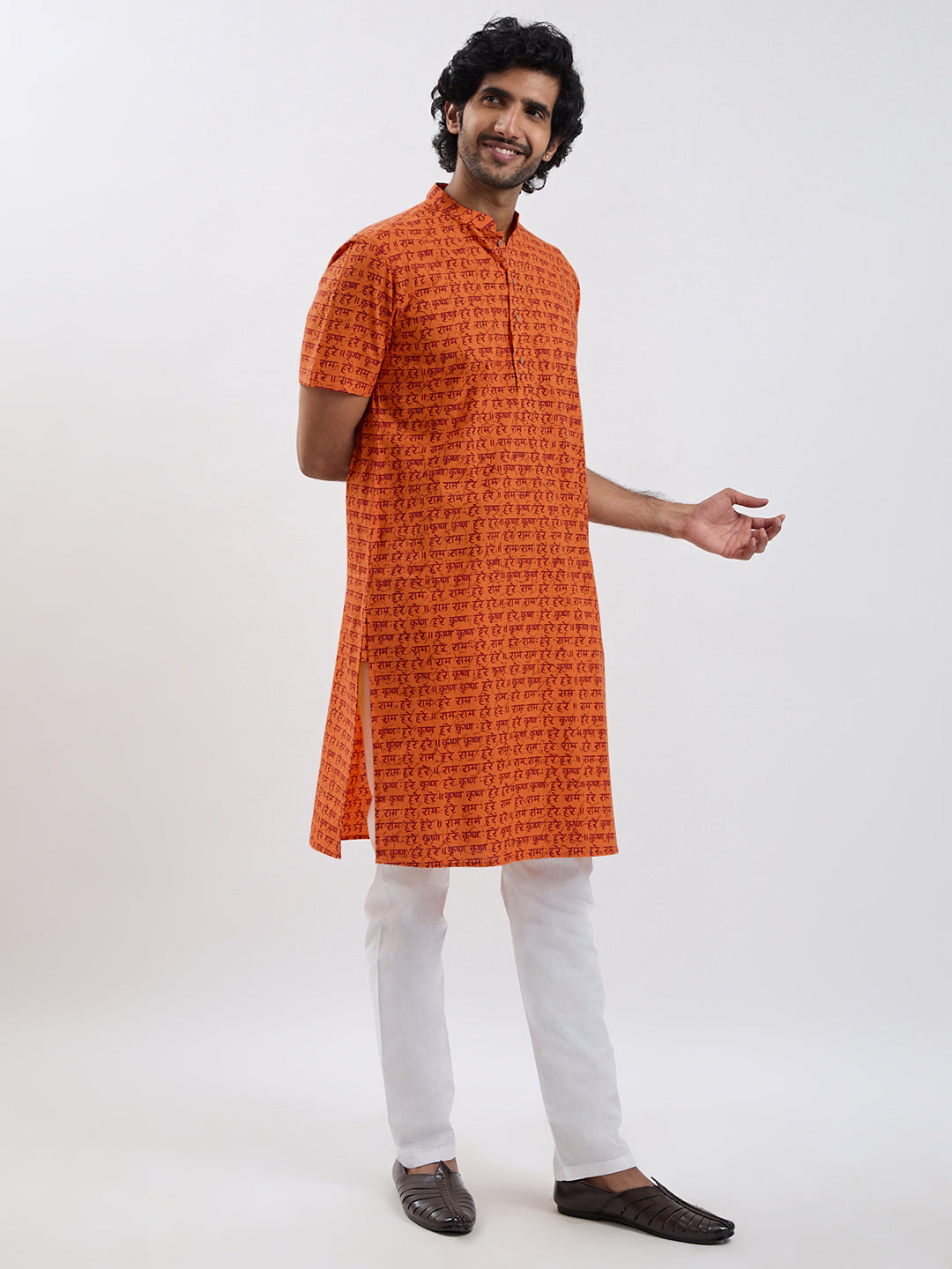 Men's Orange Cotton Kurta And Pyjama Set