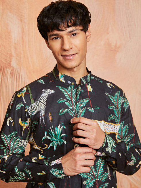 Men's Black Cotton Kurta And Pyjama Set