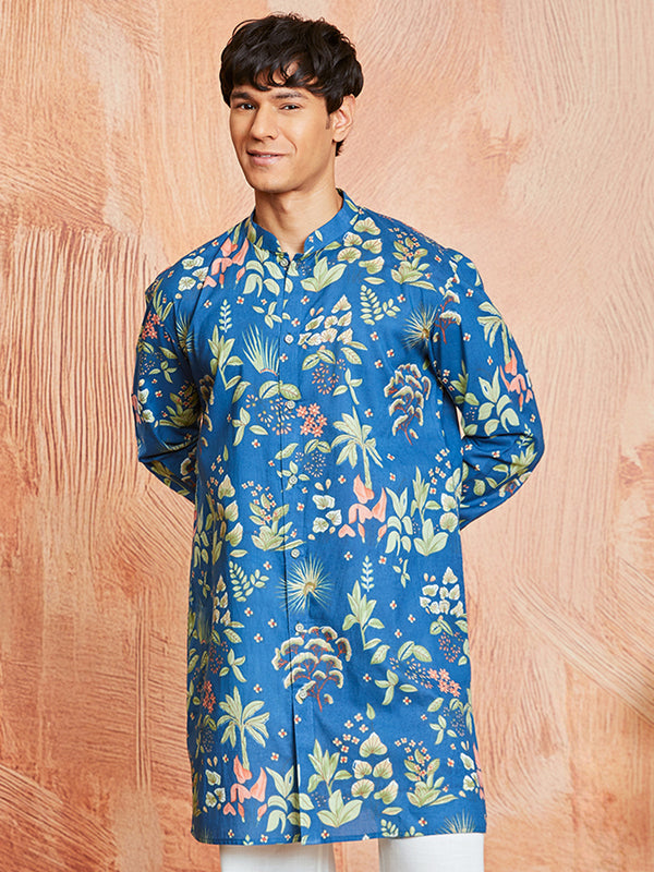 Men's Blue Cotton Kurta