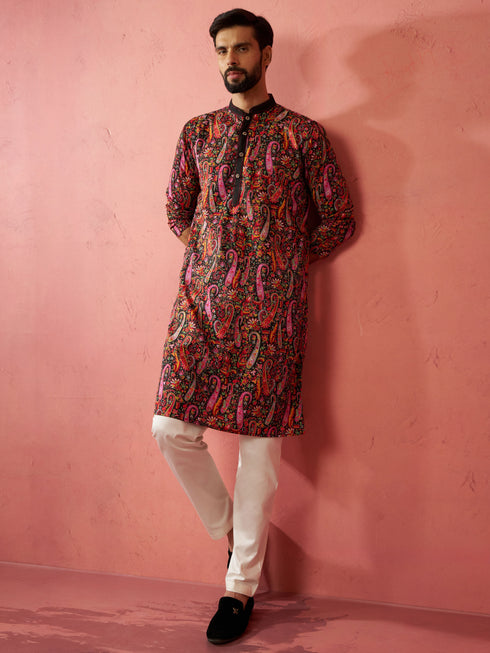 Men's Black Kurta with Cream Pyjama