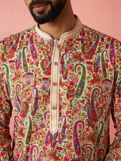 Men's Cream Kurta with Cream Pyjama