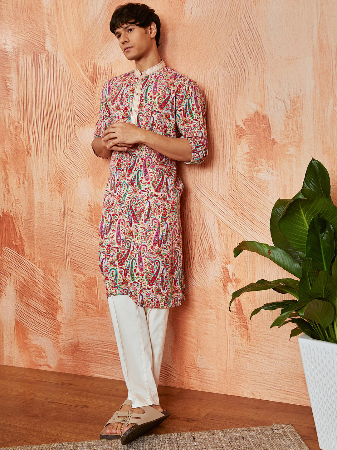 Men's Cream Crepe Kurta And Pyjama Set