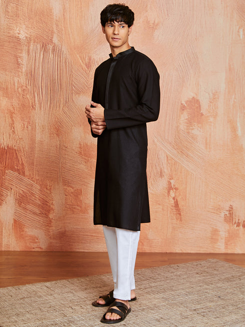Men's Black Cotton Kurta And Pyjama Set