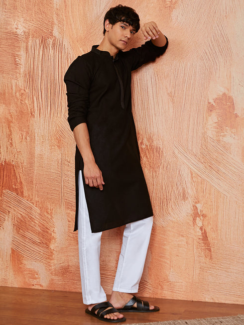 Men's Black Cotton Kurta And Pyjama Set