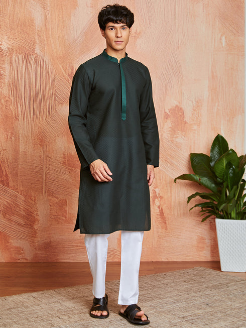 Men's Bottle Green Cotton Kurta And Pyjama Set