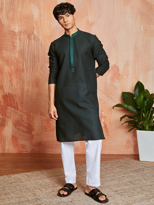 Men's Bottle Green Cotton Kurta And Pyjama Set