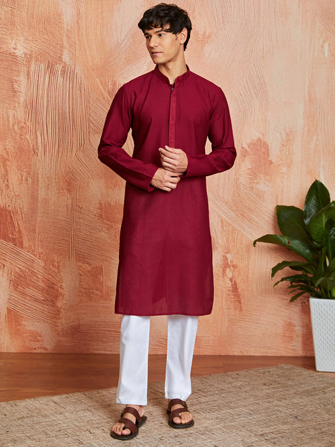 Men's Maroon Cotton Kurta And Pyjama Set