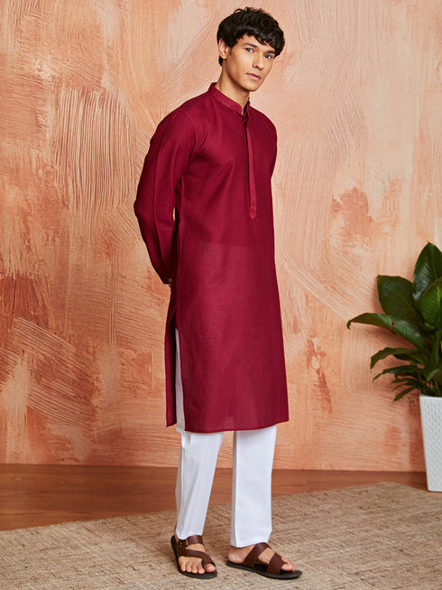 Men's Maroon Cotton Kurta And Pyjama Set