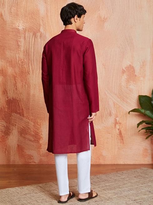 Men's Maroon Cotton Kurta And Pyjama Set