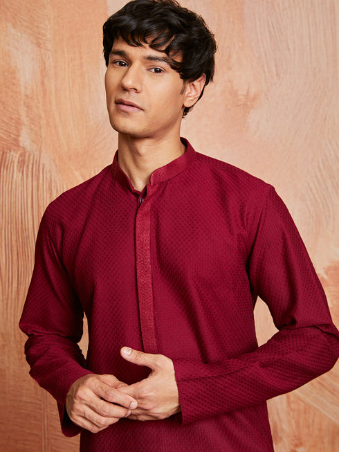 Men's Maroon Cotton Kurta And Pyjama Set