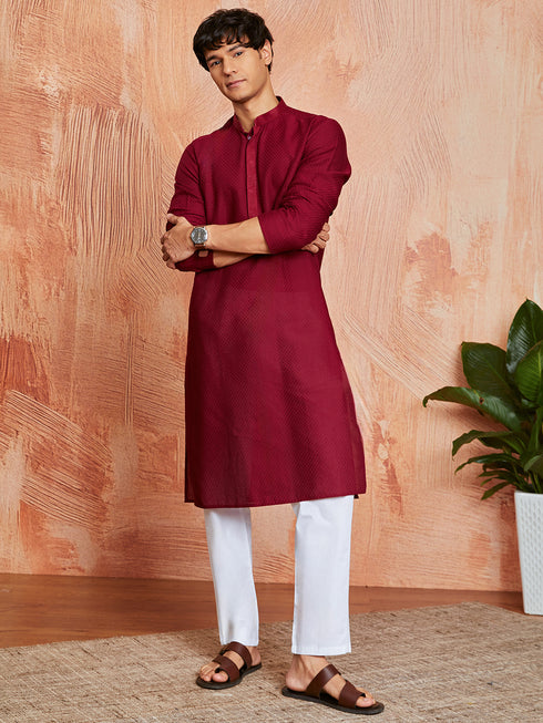 Men's Maroon Cotton Kurta And Pyjama Set