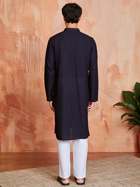 Men's Navy Blue Cotton Kurta And Pyjama Set