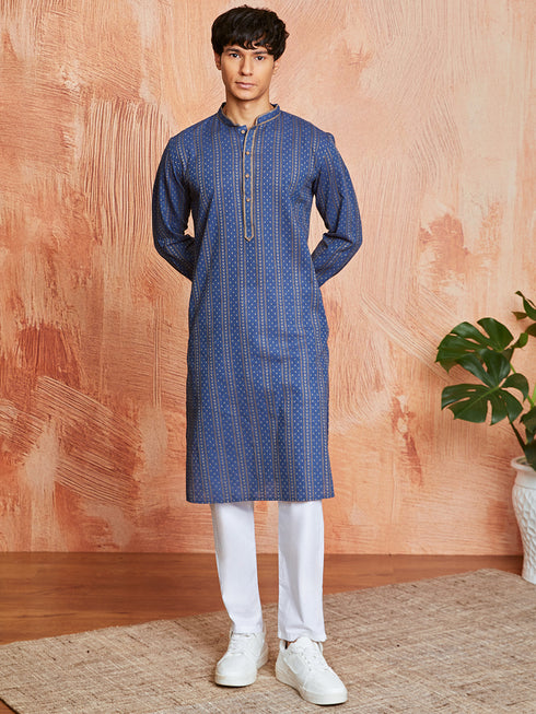 Men's Navy Blue Cotton Kurta And Pyjama Set