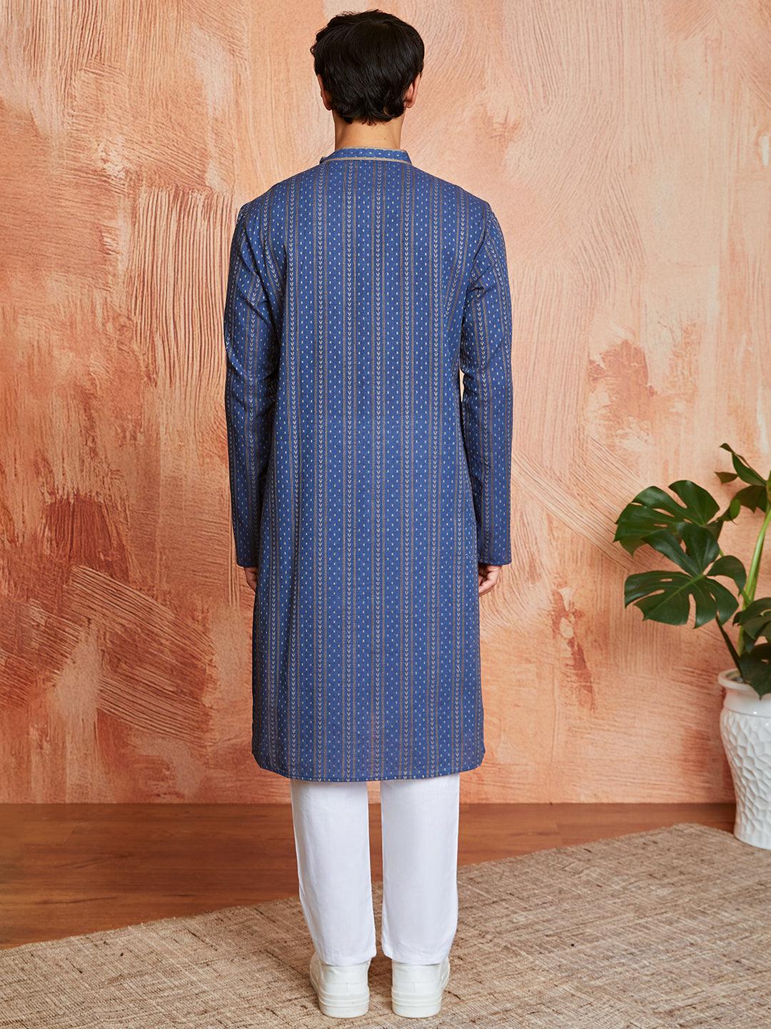 Men's Navy Blue Cotton Kurta And Pyjama Set