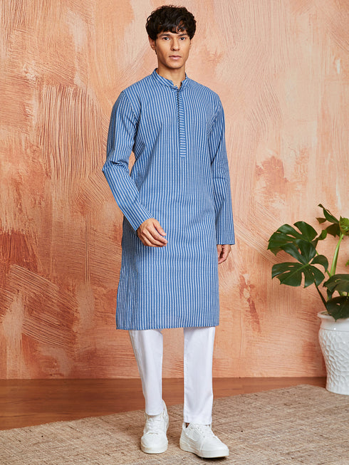 Men's Blue Cotton Kurta And Pyjama Set