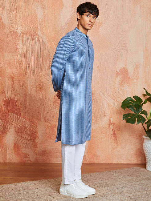 Men's Blue Cotton Kurta And Pyjama Set