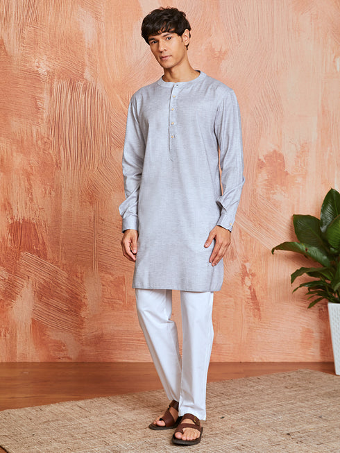 Men's Grey Cotton Blend Kurta And Pyjama Set