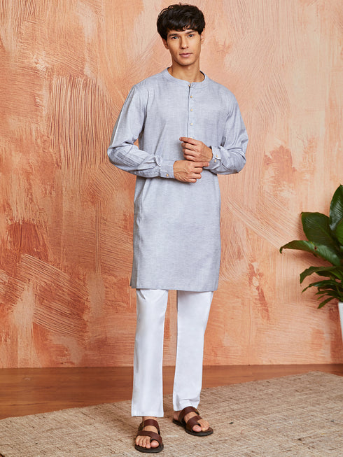 Men's Grey Cotton Blend Kurta And Pyjama Set