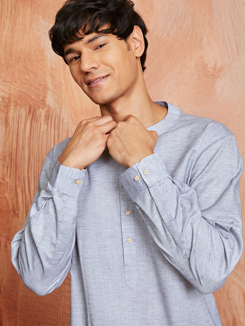 Men's Grey Cotton Blend Kurta And Pyjama Set