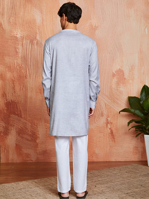 Men's Grey Cotton Blend Kurta And Pyjama Set