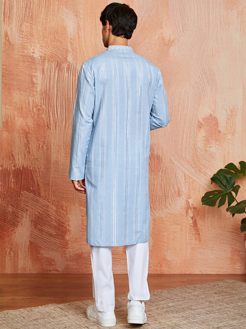 Men's Sky Blue Silk Blend Kurta And Pyjama Set
