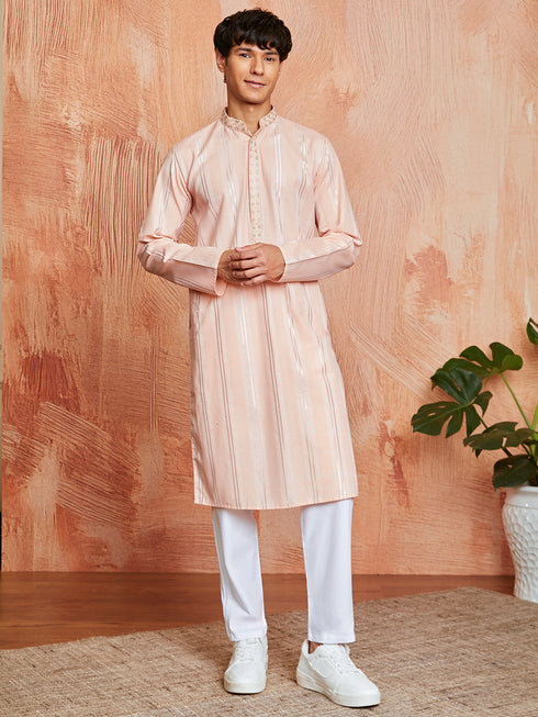 Men's Peach Silk Blend Kurta And Pyjama Set