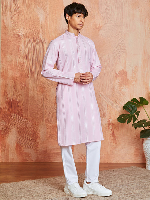 Men's Pink Silk Blend Kurta And Pyjama Set