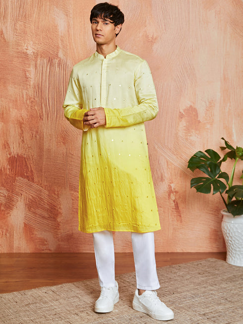 Men's Yellow Cotton Silk Kurta And Pyjama Set