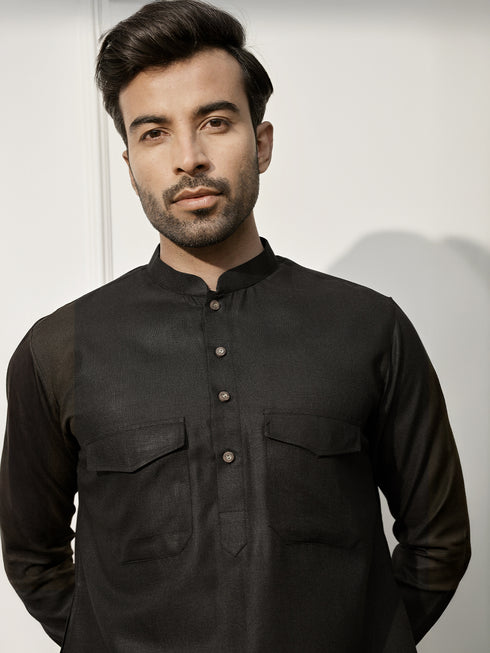 Men Black Cotton Linen Pathani Kurta With Palazzo Set