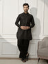 Men Black Cotton Linen Pathani Kurta With Palazzo Set